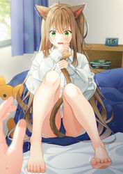  animal_ears barefoot bed_sheet blurry blurry_foreground book brown_hair cat_ears cat_girl cat_tail clock commentary_request curtains depth_of_field digital_clock feet female green_eyes hand_up highres indoors knees_up long_hair long_sleeves on_bed original panties pantyshot pov pov_hands revision school_uniform seven-segment_display shirt solo_focus stuffed_animal stuffed_toy sweatdrop tail toes trembling underwear unjem v-shaped_eyebrows very_long_hair white_shirt window 