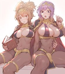  2girls absurdres black_nails bodystocking book bracelet breasts bridal_gauntlets brown_hair cape circlet commentary_request cosplay covered_navel fire_emblem fire_emblem_awakening gradient_hair highres hijiri_byakuren jewelry large_breasts light_brown_hair long_hair medium_breasts multicolored_hair multiple_girls nail_polish pelvic_curtain pointy_hair purple_eyes purple_hair senmura short_hair skin_tight tharja_(fire_emblem) tharja_(fire_emblem)_(cosplay) thighs tiara touhou toyosatomimi_no_miko wavy_hair yellow_eyes 