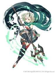  :d absurdres boots breasts crystal dress elbow_gloves female full_body gloves green_dress green_hair hair_ornament hairclip highres holding holding_polearm holding_weapon horns ji_no little_match_girl_(sinoalice) looking_at_viewer official_art open_mouth polearm red_eyes scarf short_hair single_horn sinoalice small_breasts smile solo spear square_enix thigh_boots thighhighs weapon white_background 