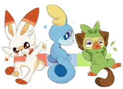  ambiguous_gender anthro biped blue_body dipstick_ears ear_markings generation_8_pokemon green_body grookey group lagomorph leslichu mammal multicolored_ears nintendo pokemon pokemon_(species) primate scorbunny simple_background sobble tail trio white_background 