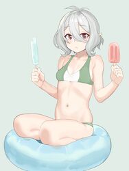  absurdres antenna_hair bikini blush breasts brown_eyes closed_mouth cushion elf female food green_background grey_hair hair_between_eyes highres holding holding_food hoshiya_takahito kokkoro_(princess_connect!) looking_at_viewer navel pointy_ears popsicle princess_connect! short_hair simple_background sitting small_breasts solo stomach swimsuit 