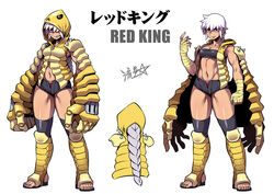  bandaged_arm bandages bandeau black_shorts boots braid character_name clenched_teeth closed_mouth commentary exoskeleton female hand_up hood hood_up long_hair micro_shorts multiple_views muscular muscular_female navel oversized_forearms oversized_limbs panties personification red_eyes red_king_(ultra_series) red_panties ryuusei_(mark_ii) shorts signature simple_background single_braid stirrup_footwear strapless teeth toenails toes tube_top ultra_series ultraman_(1st_series) underwear white_background white_hair 