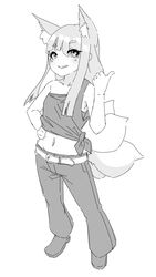  animal_ear_fluff animal_ears bare_arms bare_shoulders blush crop_top female fox_ears fox_girl fox_tail greyscale hand_on_own_hip hand_up highres kitsune koyuki_(kuro_kosyou) kuro_kosyou long_hair monochrome navel original pants parted_lips pointing shoes simple_background single_strap smile solo standing tail white_background 