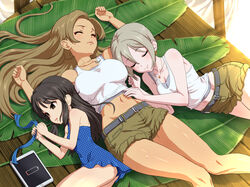  3girls arm_pillow battery_indicator belt black_belt black_hair blue_one-piece_swimsuit blue_ribbon blush breasts brown_eyes brown_hair brown_shorts cleavage closed_mouth collarbone commentary_request day earrings empty_eyes grey_hair heart heart_earrings highres idolmaster idolmaster_cinderella_girls idolmaster_cinderella_girls_starlight_stage jewelry kezune_(i-_-i) large_breasts leaf long_hair lying matsunaga_ryo midriff multiple_girls navel necklace on_back on_side one-piece_swimsuit outdoors petite polka_dot polka_dot_swimsuit ribbon shiomi_syuko short_hair shorts shorts_rolled_up sleeping smile swimsuit tablet_pc tachibana_arisu tan tank_top unmoving_pattern unworn_ribbon white_tank_top 