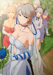  6+girls :d :o blue_choker blush bouquet breasts brown_eyes brown_hair choker cleavage commentary dress drill_hair earrings elbow_gloves english_commentary flower g36c_(girls&#039;_frontline) girls&#039;_frontline gloves grey_hair gun hair_between_eyes hair_ornament hair_ribbon hairclip highres holding holding_bouquet idw_(girls&#039;_frontline) iws_2000_(girls&#039;_frontline) jewelry kriss_vector long_hair looking_at_viewer medium_breasts mp5_(girls&#039;_frontline) multiple_girls necklace negev_(girls&#039;_frontline) official_alternate_costume open_mouth pink_hair pp-90_(girls&#039;_frontline) red_dress red_eyes ribbon sanderson short_hair smile springfield_(girls&#039;_frontline) strapless strapless_dress submachine_gun thompson_(girls&#039;_frontline) twin_drills twintails ump9_(girls&#039;_frontline) vector_(ardent_devotion)_(girls&#039;_frontline) vector_(girls&#039;_frontline) veil weapon wedding_dress white_dress yellow_eyes 