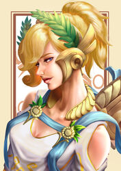  absurdres alternate_costume ancient_greek_clothes asymmetrical_hair bare_shoulders blonde_hair blue_eyes breasts chiton cleavage commentary_request dress eyelashes female greco-roman_clothes head_wreath highres jewelry laurel_crown lips looking_at_viewer mechanical_wings medium_breasts medium_hair mercy_(overwatch) neck_ring nose overwatch overwatch_1 photoshop_(medium) portrait short_ponytail solo tee_fuyuan white_dress winged_victory_mercy wings 