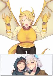  age_difference alternate_species animal_humanoid arthropod arthropod_humanoid bandwidth big_breasts blush breasts clothing dragon dragon_humanoid european_mythology female godzilla godzilla_(series) group hand_puppet hoodie human humanized humanoid humanoidized insect_humanoid insects king_ghidorah lolicon male male/female mammal membrane_(anatomy) membranous_wings mothra mothra_(series) mythological_creature mythological_scalie mythology older_female scalie scalie_humanoid simple_background tail toho topwear western_dragon western_dragon_humanoid wings young younger_male 