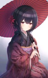  bad_id bad_pixiv_id black_hair black_kimono closed_mouth commentary_request cotrpopor female flower hair_between_eyes hair_flower hair_ornament haori highres holding holding_umbrella idolmaster idolmaster_shiny_colors japanese_clothes kimono long_hair long_sleeves looking_at_viewer morino_rinze obi oil-paper_umbrella red_eyes red_flower red_umbrella sash seiza sidelocks sitting solo umbrella wide_sleeves 