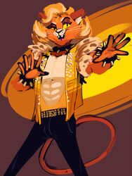  2019 anthro biped blonde_hair bracelet cats_(musical) cheek_tuft clothed clothing collar domestic_cat eyebrows facial_tuft felid feline felis fully_clothed fur hair jewelry male mammal open_mouth open_smile orange_body orange_fur rum_tum_tugger sharp_teeth smile smutbooru solo spiked_bracelet spiked_collar spikes standing teeth tuft whiskers yellow_eyes 