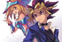  1boy angry bare_shoulders black_choker blonde_hair blush blush_stickers buckle choker closed_mouth collarbone dark_magician_girl duel_monster dyed_bangs female frown gradient_background green_eyes hat medium_hair multicolored_hair muto_yugi open_mouth purple_eyes purple_hair school_uniform shaded_face smile v yoo_(tabi_no_shiori) yu-gi-oh! 