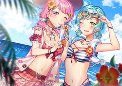  2girls adjusting_eyewear bad_id bad_pixiv_id bang_dream! bare_shoulders belt belt_buckle bendy_straw bikini bikini_top_only blue_sky blurry blurry_foreground blush breasts brown_belt brown_headwear buckle cleavage cloud cloudy_sky commentary_request cropped_jacket cup day depth_of_field drinking_glass drinking_straw dutch_angle eyewear_lift flower green_eyes green_hair hair_flower hair_ornament hair_over_shoulder hair_scrunchie hat hikawa_hina holding holding_cup hood hood_down hooded_jacket horizon jacket long_hair low_twintails maruyama_aya medium_breasts multiple_girls navel ocean one_eye_closed open_clothes open_jacket outdoors parted_lips pink_hair plaid plaid_bikini_top plaid_skirt pleated_skirt red-framed_eyewear red_bikini red_eyes red_flower red_skirt scrunchie skirt sky small_breasts straw_hat striped_bikini striped_clothes sunglasses swimsuit teeth tiny_(tini3030) tropical_drink twintails upper_teeth_only water white_jacket white_scrunchie yellow_flower 