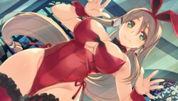  amazuyu_tatsuki animal_ears archived_source argyle_cutout breasts brown_hair cleavage clothing_cutout detached_collar dungeon_travelers_2 fake_animal_ears female game_cg green_eyes groin irena_rosenmeier large_breasts leotard long_hair low_neckline official_art playboy_bunny rabbit_ears red_leotard side-tie_leotard smile solo thighs underboob_cutout very_long_hair 