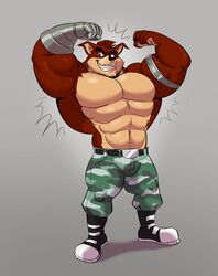  abs activision anthro bandicoot belt biceps big_muscles boots bottomwear claws clothed clothing crash_(series) crunch_bandicoot digital_media_(artwork) fangs flexing footwear fur hi_res huge_muscles male mammal marsupial muscular muscular_anthro muscular_male obliques pants pecs polartoons prosthetic prosthetic_arm prosthetic_limb smile solo standing teeth topless triceps 