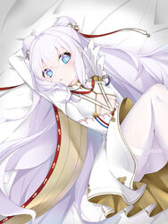  +_+ arm_up azur_lane bed_sheet blue_eyes blush bow breasts commentary_request double_bun dress female hair_between_eyes hair_bun hairbow knees_up le_malin_(azur_lane) long_hair long_sleeves looking_at_viewer lying on_back pantyhose parted_lips shiruko_(27anko) small_breasts solo thighband_pantyhose very_long_hair white_dress white_hair white_pantyhose 