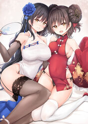  2girls :d bare_shoulders bed_sheet black_hair black_panties black_ribbon black_thighhighs blush breasts brown_eyes brown_hair china_dress chinese_clothes collarbone commentary_request detached_sleeves double_bun dress feet_out_of_frame flats flower frilled_sleeves frills garter_straps girls&#039;_frontline hair_bun hair_flower hair_ornament hair_ribbon hand_fan head_tilt highres holding holding_fan large_breasts long_hair long_sleeves looking_at_viewer multiple_girls neneru official_alternate_costume open_mouth panties parted_lips pelvic_curtain red_dress red_ribbon revision ribbon side-tie_panties sideboob sitting small_breasts smile tareme thighhighs thighs tuanshan type_95_(girls&#039;_frontline) type_95_(narcissus)_(girls&#039;_frontline) type_97_(girls&#039;_frontline) type_97_(peony)_(girls&#039;_frontline) underwear very_long_hair white_dress white_thighhighs wide_sleeves 