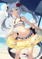  :t animal_ear_fluff animal_ears azur_lane bare_arms bare_legs bare_shoulders beach beach_umbrella bikini bikini_skirt black_ribbon blue_eyes blue_sky blush breasts cat_ears cat_tail closed_mouth cloud cloudy_sky collarbone commentary cowboy_shot day female flower frilled_bikini frills hair_flower hair_ornament hair_ribbon hair_rings hammann_(azur_lane) hammann_(rebellious_summer)_(azur_lane) innertube leaning_forward looking_at_viewer midriff navel ocean official_alternate_costume outdoors peroncho pout red_ribbon ribbon sand shadow sidelocks sky slit_pupils small_breasts solo standing stomach summer swim_ring swimsuit tail tail_ornament tail_ribbon twintails umbrella water white_hair 