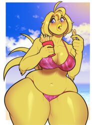  alpha_channel anthro avian big_breasts bikini bird border breasts clothed clothing curvy_figure digital_media_(artwork) eating female hi_res huge_thighs non-mammal_breasts open_mouth outline outside porin shaded slightly_chubby solo standing swimwear thick_thighs transparent_border voluptuous wide_hips 