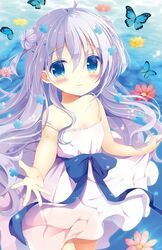  ahoge animal aono_ribbon bare_arms bare_shoulders blue_bow blue_butterfly blue_eyes blue_hair blurry blurry_background blush bow bug butterfly closed_mouth depth_of_field double_bun dress female flower flower_on_liquid gochuumon_wa_usagi_desu_ka? hair_between_eyes hair_bun hair_flower hair_ornament kafuu_chino long_hair pink_flower red_flower skirt_hold sleeveless sleeveless_dress smile solo strap_slip sundress two_side_up very_long_hair wading water white_dress yellow_flower 