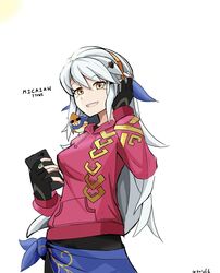  absurdres alternate_costume bird black_gloves black_knight_(fire_emblem) blue_scarf breasts cellphone character_name commentary_request cowboy_shot female fingerless_gloves fire_emblem fire_emblem:_radiant_dawn fire_emblem_heroes gloves grey_hair hair_ornament hair_ribbon hairclip hand_on_own_ear headphones highres holding holding_phone hood hoodie light long_hair looking_at_viewer medium_breasts micaiah_(fire_emblem) phone ribbon saiykik sarong scarf sidelocks signature simple_background smartphone smile solo_focus sothe_(fire_emblem) star_(symbol) sun sunglasses undershirt white_background yellow_eyes yune_(fire_emblem) 