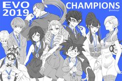  4girls 5boys amamiya_ren arslan_ash beehive_hairdo blazblue blazblue:_cross_tag_battle bonchan_(gamer) bow bowtie byakuya_(under_night_in-birth) cassie_cage clearlamp commentary cuffs dragon_ball dragon_ball_fighterz dragon_ball_gt drone english_commentary evolution_championship_series formal gloves go1 infiltration kanzuki_karin kibagami_genjuro mask medal mishima_kazumi_(tekken) mkleo monochrome mortal_kombat_(series) mortal_kombat_11 multiple_boys multiple_girls persona persona_5 ponytail ringlets ruby_rose rwby samurai_spirits shinku_(gamer) sidelocks son_goku sonicfox soulcalibur soulcalibur_vi street_fighter street_fighter_v suit super_smash_bros. suspenders tekken tekken_7 trophy twitter_username under_night_in-birth under_night_in-birth_exe:late[st] vinhnyu voldo 