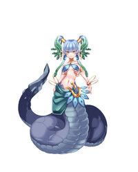  absurdres blue_hair bracelet closed_mouth commentary earrings fangs female full_body gold hand_on_own_hip highres jewelry lamia looking_at_viewer medusa_(monster_girl_encyclopedia) midriff monster_girl monster_girl_encyclopedia navel photoshop_(medium) pointy_ears simple_background snake snake_hair sogegin twintails white_background yellow_eyes 