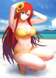  aqua_eyes armpits arms_behind_head arms_up bare_shoulders beach bikini blush boudica_(fate) boudica_(third_ascension)_(fate) breasts cleavage closed_mouth collarbone fate/grand_order fate_(series) female flower hair_between_eyes hair_flower hair_ornament highres large_breasts long_hair looking_at_viewer minami_koyogi navel outdoors red_hair sandals smile solo squatting sunflower sunflower_hair_ornament swimsuit thighs yellow_bikini 