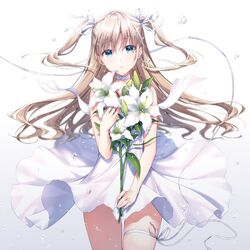  aqua_eyes bare_arms bare_shoulders brown_hair choker clothes_lift commentary_request cowboy_shot dress dress_lift female floating_hair flower gradient_background hair_ribbon holding holding_flower lily_(flower) long_hair looking_at_viewer masuishi_kinoto original parted_lips ribbon short_dress sleeveless sleeveless_dress solo standing thigh_strap thighs two_side_up water_drop white_background white_choker white_dress white_flower white_lily white_ribbon white_theme wind wind_lift 