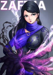  aura black_bodysuit black_hair bodysuit breasts character_name earrings eyeshadow female green_eyes jewelry large_breasts long_hair looking_at_viewer makeup necklace oreoreon scarf single_sleeve skin_tight solo swept_bangs tekken tekken_7 zafina_(tekken) 