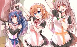  3girls :d absurdres apron arm_up bare_shoulders blue_eyes blue_hair blush bow commentary_request detached_sleeves fujisaki_kyouya grey_hair hair_between_eyes hair_bun hair_ornament hairbow highres holding holding_microphone kosaka_honoka long_hair love_live! love_live!_school_idol_project maid maid_apron maid_headdress microphone minami_kotori mogyutto_&quot;love&quot;_de_sekkin_chuu! multiple_girls music one_side_up open_mouth orange_hair singing single_hair_bun smile sonoda_umi yellow_eyes 