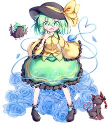  bad_id bad_pixiv_id bird black_hat blouse blue_flower blue_rose bow braid bright_pupils cape commentary crow dior-zi feline female floral_background floral_print flower frilled_shirt_collar frilled_skirt frilled_sleeves frills green_bow green_eyes green_hair green_nails green_skirt hair_between_eyes hairbow hand_on_own_face hat hat_ribbon heart heart_of_string highres kaenbyou_rin kaenbyou_rin_(cat) komeiji_koishi looking_at_viewer pigeon-toed reiuji_utsuho reiuji_utsuho_(bird) ribbon rose shirt short_hair simple_background skirt sleeves_past_wrists solo third_eye touhou twin_braids twintails white_background yellow_shirt 