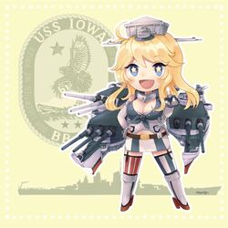  american_flag american_flag_legwear asymmetrical_legwear badge blonde_hair blue_eyes breasts chatte_rose commentary elbow_gloves english_commentary female fingerless_gloves flag_print front-tie_top garter_straps gloves headgear highres iowa_(kancolle) kantai_collection large_breasts long_hair military military_vehicle miniskirt mismatched_legwear ship signature skirt solo star-shaped_pupils star_(symbol) striped_clothes striped_thighhighs symbol-shaped_pupils thighhighs uss_iowa_(bb-61) vehicle_and_personification vertical-striped_clothes vertical-striped_thighhighs warship watercraft yellow_background 