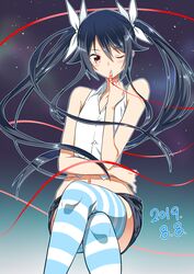  bare_arms bare_shoulders black_hair blue_outline blush buttons collarbone commentary_request crossed_legs dated female finger_to_mouth flat_chest gradient_background hair_between_eyes hair_flaps hair_ribbon highres invisible_chair long_hair navel one_eye_closed ore_twintail_ni_narimasu outline pinky_to_mouth ribbon sitting sleeveless solo string string_of_fate striped_clothes striped_thighhighs thighhighs tsube_aika twintails very_long_hair white_ribbon wing_collar yellow_eyes yuto_(dialique) 