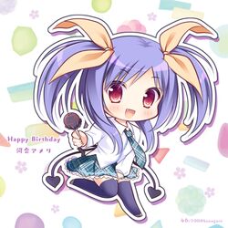  :d black_thighhighs blue_neckwear blue_skirt blush brown_ribbon candy character_name chibi collared_shirt commentary_request demon_tail dress_shirt female food full_body grey_footwear hair_ribbon happy_birthday holding holding_candy holding_food holding_lollipop kawai_ameri lollipop long_hair looking_at_viewer oerba_yun_fang open_mouth plaid plaid_neckwear plaid_skirt purple_hair red_eyes ribbon ryuuka_sane shirt sidelocks skirt smile solo tail tayutama thighhighs twitter_username two_side_up white_shirt 