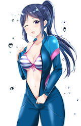  ;d bad_id bad_pixiv_id bikini bikini_top_only blue_hair blush bodysuit breasts cleavage collarbone diving_suit female front-tie_bikini_top front-tie_top high_ponytail highres large_breasts long_hair looking_at_viewer love_live! love_live!_sunshine!! matsuura_kanan morerin navel one_eye_closed open_bodysuit open_clothes open_mouth ponytail purple_eyes simple_background smile solo striped_bikini striped_clothes swimsuit underboob unzipped water_drop wetsuit white_background zipper 