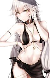  bad_id bad_twitter_id bare_shoulders bikini black_bikini braid breasts cleavage collarbone fate/grand_order fate_(series) female grey_hair hair_between_eyes highres jeanne_d&#039;arc_alter_(fate) jeanne_d&#039;arc_alter_(festival_outfit)_(fate) jewelry ka1se1 large_breasts long_hair looking_at_viewer low-tied_long_hair navel necklace official_alternate_costume sarong sky slit_pupils smile solo swimsuit thighs very_long_hair white_background yellow_eyes 