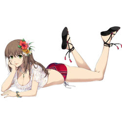  akatsuki_no_kiseki alternate_costume ao_no_kiseki ass bare_legs bikini bikini_bottom_only black_footwear bracelet breasts brown_hair cleavage crop_top duvalie eiyuu_densetsu female flower full_body green_eyes hair_flower hair_ornament head_rest jewelry lips long_hair looking_at_viewer lying medium_breasts midriff necklace official_art on_stomach red_bikini sandals sen_no_kiseki side-tie_bikini_bottom simple_background smile solo swimsuit the_pose wet wet_clothes white_background zero_no_kiseki 