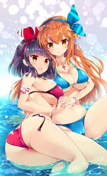  2girls :&gt; :d artist_name ass beatmania_iidx bell bikini black_hair blue_bikini blue_ribbon blush bracelet breasts brown_eyes brown_hair cameltoe closed_mouth commentary_request covered_nipples hair_bell hair_ornament hair_ribbon highres hinata_momo hinazuki_ririna holding_hands interlocked_fingers jewelry jingle_bell large_breasts multiple_girls necklace open_mouth red_bikini red_ribbon ribbon sitting smile star_(symbol) swimsuit umegiri_iroha water 