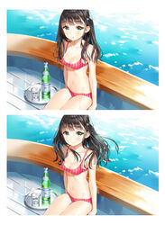  :o ancotaku aqua_eyes bare_arms bare_shoulders bikini black_hair breasts cleavage closed_mouth collarbone commentary_request cup drinking_glass female floating_hair long_hair looking_at_viewer medium_breasts navel original parted_lips pink_bikini sidelocks sitting skindentation smile solo stomach striped_bikini striped_clothes swimsuit thighs tray water wet 