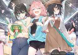  2boys 3girls :o ahoge alternate_costume androgynous astolfo_(fate) bespectacled black_hair black_shirt black_shorts blush book braid brown_dress brown_headwear bun_cover closed_eyes commentary_request denim double_bun dress edward_teach_(fate) edward_teach_(final_ascension)_(fate) embarrassed fate/apocrypha fate/extra fate/grand_order fate_(series) glasses green_eyes grey_hair hair_bun hayashi_kewi holding holding_book jeanne_d&#039;arc_alter_(fate) jeanne_d&#039;arc_alter_(swimsuit_berserker)_(fate) jeans locked_arms long_braid long_hair midriff multiple_boys multiple_girls navel nero_claudius_(fate) nero_claudius_(fate/extra) official_alternate_costume open_book ortlinde_(fate) pants pink_hair qin_liangyu_(fate) red_eyes shirt short_hair shorts single_braid valkyrie_(fate) very_long_hair 