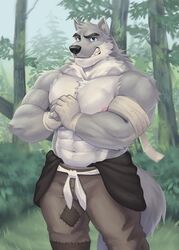  2019 abs absurd_res adios anthro bandage biceps black_nose blue_eyes bottomwear canid canine canis clothed clothing digital_media_(artwork) forest fur grass grey_body grey_fur hand_wraps hi_res male mammal multicolored_body multicolored_fur muscular muscular_anthro muscular_male nipples pecs plant solo standing topless tree two_tone_body two_tone_fur white_body white_fur wolf wraps 