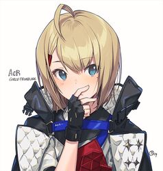  acr_(girls&#039;_frontline) ahoge blonde_hair blue_eyes blush character_name closed_mouth commentary_request female fingerless_gloves girls&#039;_frontline gloves hair_ornament hairclip hand_up looking_at_viewer mole mole_under_eye nagu padded_cloak padding sidelocks simple_background solo upper_body white_background 