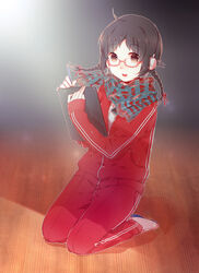  baronet black_hair braid clipboard commentary_request female full_body glasses hair_ribbon headphones highres jacket jimiko kneeling looking_at_viewer open_mouth original pen photoshop_(medium) red-framed_eyewear ribbon scarf school semi-rimless_eyewear shoes smile solo track_jacket track_suit twin_braids under-rim_eyewear uniform uwabaki 