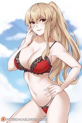  aslindsamure bangs bare_shoulders blonde_hair blue_sky blush bra breasts cleavage collarbone commentary female granblue_fantasy hair_between_eyes hand_on_hip highres large_breasts long_hair looking_at_viewer navel open_mouth panties parted_lips ponytail red_bra red_eyes red_panties sidelocks sky smile solo thighs underwear vira_lilie 