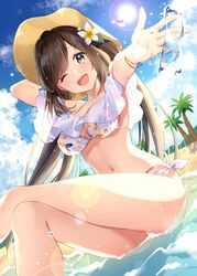  ;d arm_behind_head arm_up armpits ass beach bikini blue_sky blush bracelet breasts brown_eyes brown_hair cleavage cloud cloudy_sky collarbone commentary_request crossed_legs day feet_out_of_frame female flower hair_flower hair_ornament hat jewelry long_hair looking_at_viewer masuishi_kinoto medium_breasts navel ocean one_eye_closed open_mouth original outdoors outstretched_arm palm_tree sarong sitting sky smile solo sun sun_hat sunlight swimsuit thighs tree twintails water water_drop wet white_bikini white_flower 