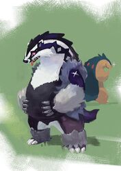  2019 anthro belly duo generation_2_pokemon generation_8_pokemon nintendo obstagoon overweight pokemon pokemon_(species) racoonwolf simple_background tongue tongue_out typhlosion 