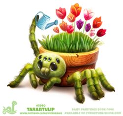  ambiguous_gender arachnid arthropod digital_media_(artwork) digital_painting_(artwork) elemental_creature flora_fauna flower flower_pot grass living_grass mygalomorph piper_thibodeau plant solo spider tarantula text tulip_(flower) url watering_can 