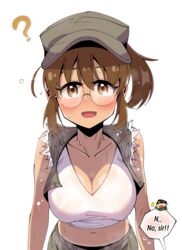  ? bad_id bad_pixiv_id baseball_cap blush breasts brown_eyes brown_hair cleavage commentary crop_top cropped_shirt english_commentary english_text female fio_germi glasses hat large_breasts metal_slug midriff military navel ponytail round_eyewear see-through simple_background smile solo_focus sweat vest wet wet_clothes white_background wootsang 