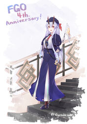  :d absurdres anniversary bad_id bad_pixiv_id blue_capelet blue_footwear blue_hat blue_jacket blue_necktie blue_skirt blush brown_horns capelet character_doll commentary_request copyright_name fate/grand_order fate_(series) female flag full_body gloves gradient_necktie gradient_text hair_between_eyes hair_ribbon hand_on_railing hat highres holding holding_flag horns ibaraki_douji_(fate) jacket long_hair long_skirt looking_at_viewer mitsudomoe_(shape) multicolored_clothes multicolored_skirt necktie open_clothes open_jacket open_mouth print_necktie railing red_eyes red_horns red_necktie red_ribbon ribbon shirt shoulder_strap shuten_douji_(fate) skin-covered_horns skirt smile solo stairs tomoe_(symbol) tomoe_gozen_(fate) tomoe_gozen_(festival_outfit)_(fate) twitter_username vegetablenabe very_long_hair white_background white_gloves white_hair white_shirt white_skirt 