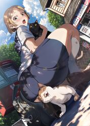  animal apple apple_print ass ass_rubbing backpack bag black_cat blonde_hair cloud commentary_request dappled_sunlight day dutch_angle feline female food fruit highres holding holding_animal holding_cat looking_back mary_janes open_mouth original outdoors pleated_skirt samemanma school_uniform serafuku shoes short_hair skirt sky socks solo squatting sunlight 