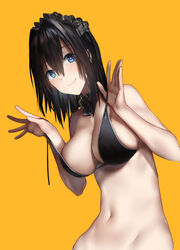  araido_kagiri bare_arms bare_shoulders bikini black_bikini black_bow black_bowtie black_hair blue_eyes bow bowtie breasts cleavage closed_mouth commentary_request detached_collar female groin hair_between_eyes hands_up headdress highres large_breasts long_hair looking_at_viewer navel orange_background original sidelocks simple_background smile solo strap_pull swimsuit untied_bikini upper_body 